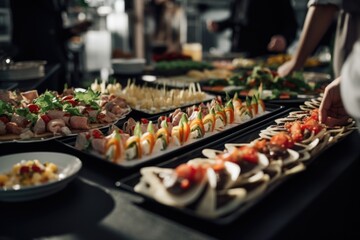 Poster - A display of various appetizers arranged on trays. Perfect for catering events and cocktail parties
