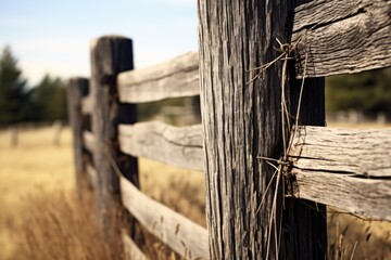 Poster - A close-up shot of a wooden fence in a field. This image can be used to depict rustic landscapes or agricultural scenes