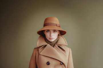 Canvas Print - A girl in a hat and brown coat like a detective