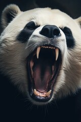 Poster - A detailed shot of a panda bear showing its mouth wide open. This image can be used to depict the unique features of a panda or to convey expressions such as surprise or hunger