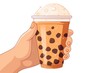 A hand holding a cup of bubble tea. Great for illustrating a refreshing drink or a popular beverage choice.