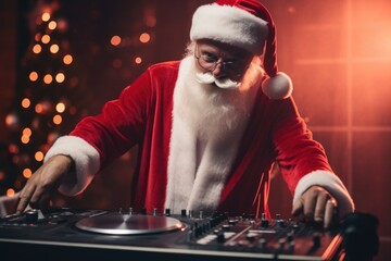 Poster - A man dressed as Santa Claus passionately playing as a DJ. Perfect for holiday events and parties