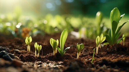 Poster - A close-up view of a bunch of plants growing in dirt. This image can be used to depict concepts related to gardening, nature, environment, growth, and sustainability