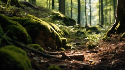 Poster - A picture of a forest with moss growing on the ground. Perfect for nature-themed projects and designs