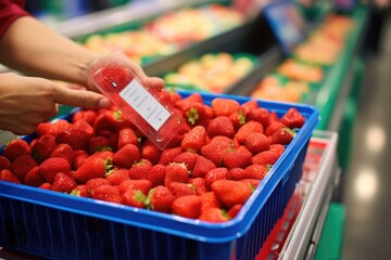 Poster - A person is seen picking up a container of fresh strawberries. This image can be used to depict harvesting, healthy eating, or farming activities