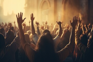 Poster - A vibrant image of a crowd of people raising their hands in the air. Perfect for illustrating unity, celebration, and excitement. Suitable for various purposes