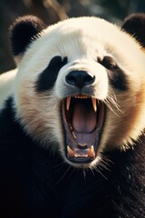 Poster - Close up shot of a panda bear with its mouth open. Perfect for animal lovers and wildlife enthusiasts