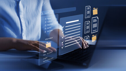 Wall Mural - business person working at laptop computer and digital documents with checkbox lists. law regulation