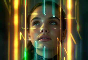 Poster - Portrait of a futuristic android woman with advanced technology data overlay