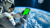 Fototapeta Kosmos - Astronaut using green screen phone while performing spacewalk in open space. Planet Earth on background. Chroma key smartphone in cosmonaut hands