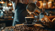 A cozy coffee shop scene with a barista pouring latte art into a ceramic cup surrounded by coffee beans and pastries.