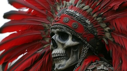 Poster - A skull wearing a red feather headdress with feathers on the sides, AI