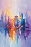 Fototapeta Nowy Jork - Painting of an Urban Skyline - Modern Impressionism in Light Violet and Light Orange - Soft Focus Technique Cityscape Reflections on Oil Canvas Wallpaper created with Generative AI Technology