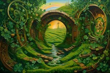 St. Patrick's Day In A Time-warped Garden, Clover Portals Connecting Different Eras, A Surreal And Time-bending Celebration