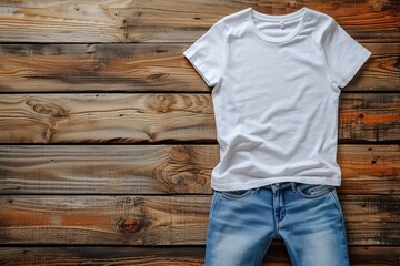 White women's cotton T-shirt mockup with blue jeans pants on a wooden background. Designed the t-shirt template and printed the presentation mock-up. Top view flat lay.