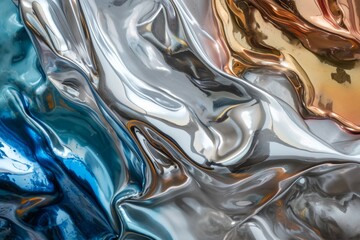 Poster - Abstract Silver and Gold Metallic Paint Flow. An abstract image showcasing the dynamic flow and blending of silver and gold metallic paint, creating a luxurious texture.