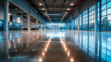 Fototapeta  - A deserted car showroom with gleaming floors and spotlights but no vehicles.
