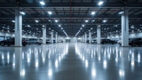 Fototapeta  - A deserted car showroom with gleaming floors and spotlights but no vehicles.
