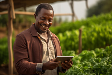 Aufkleber - Black farmer with a digital tablet in greenhouse. Integration of technology for efficient and progressive agricultural management.