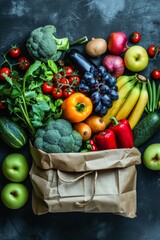 Wall Mural - A kraft bag with vegetables and fruits on a dark background. Food delivery