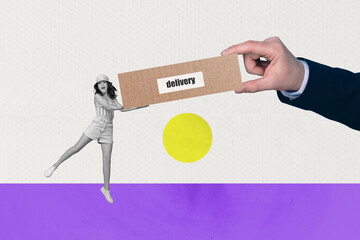 Sticker - Collage creative poster illustration black white filter happy excited joyful young woman hold delivery hand put big box colorful template