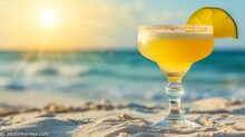 Tropical Margarita Cocktail With Blurred Beach Background And Copy Space For Text Placement