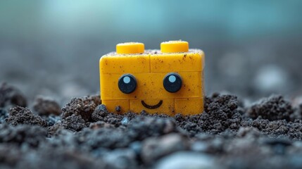 Poster - A yellow lego brick with a face sitting in the dirt, AI