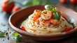 In the kitchen on a wooden table, there is a clay plate, 100 grams of spaghetti intertwined with juicy shrimp and spices. Soft diffused light envelops the plate, Italian cuisine, and culinary art.