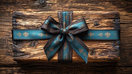 Poster - A wooden box with a blue ribbon on top of it, AI