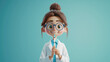 © PT - Cartoon character young woman doctor holding syringe with vaccine, wears glasses and uniform.