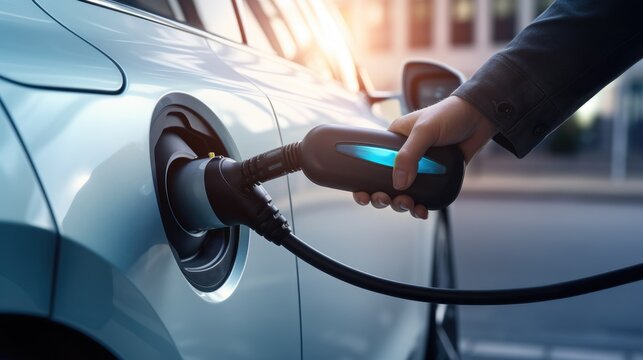Hand of woman is charging EV car at home or charging station , modern safety lifestyle, AI generated, copy space for text