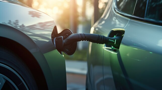 Close up the plug charging of EV car at home or charging station , modern safety lifestyle, AI generated, copy space for text