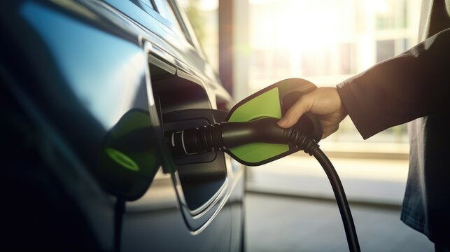 Close up the plug charging of EV car at home or charging station , modern safety lifestyle, AI generated, copy space for text