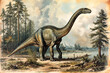 Sauropod, antique old colored style art. The image has an aged appearance with visible scratches and marks. Generative ai image.