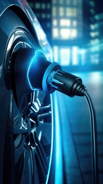 Close up the plug charging of EV car at home or charging station , modern safety lifestyle, AI generated, copy space for text