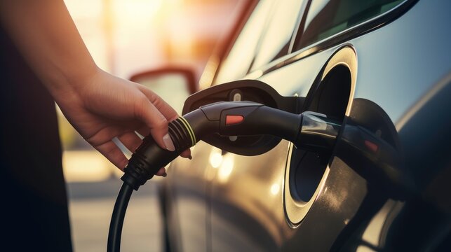 Close up the plug charging of EV car at home or charging station , modern safety lifestyle, AI generated, copy space for text
