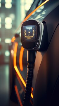 Close up the plug charging of EV car at home or charging station , modern safety lifestyle, AI generated, copy space for text