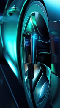 Close up the plug charging of EV car at home or charging station , modern safety lifestyle, AI generated, copy space for text