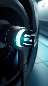Close up the plug charging of EV car at home or charging station , modern safety lifestyle, AI generated, copy space for text