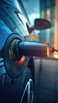 Close up the plug charging of EV car at home or charging station , modern safety lifestyle, AI generated, copy space for text