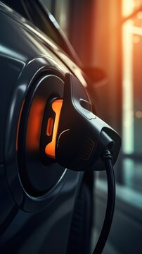 Close up the plug charging of EV car at home or charging station , modern safety lifestyle, AI generated, copy space for text