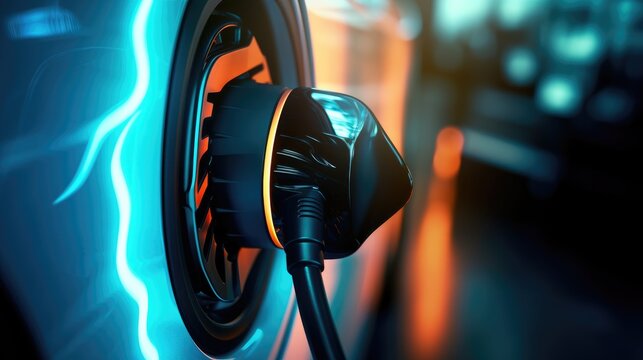 Close up the plug charging of EV car at home or charging station , modern safety lifestyle, AI generated, copy space for text
