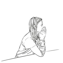 Poster - Woman sitting and serious thinking with her hands folded with her palms near her face, her elbows resting on the table, side view, hand drawn vector illustration, freehand line sketch