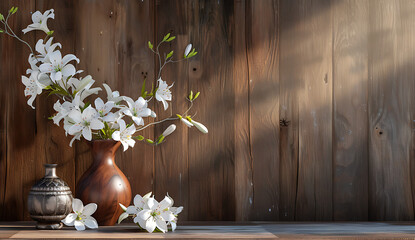 Wall Mural - oak table with white lilies vase and branches against