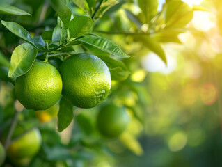 Canvas Print - Sunlight flares through lush lime trees full of ripe fruit.