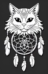 Wall Mural - cat dream catcher. Coloring book antistress for children and adults. Illustration isolated on white background. Zen-tangle style. Hand draw. Sketch for anti-stress colouring book in zen-tangle style.