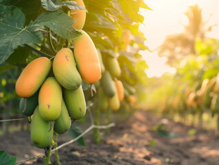 Canvas Print - Ripe orange papayas growing on a tree, ready for harvest.