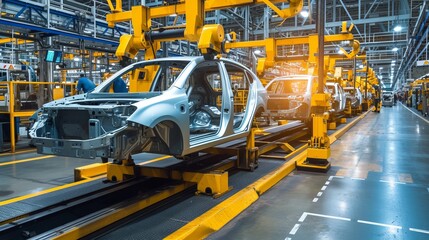 Poster - automotive engineer at futuristic assembly line, utilizing advanced technology in car manufacturing.