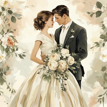 Bride and groom wedding illustration. Wedding ceremony picture. A beautiful bride in a wedding dress with a bouquet and a groom in a classic suit stand next to each other in a floral arch, concept art