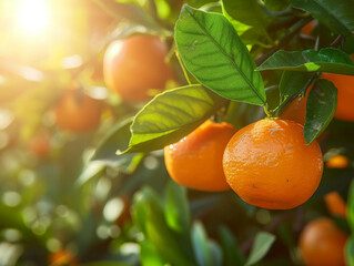 Wall Mural - Ripe tangerines clustered on a tree, glowing in the sunlight.